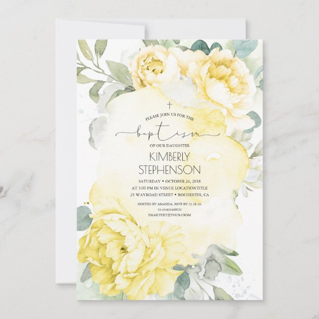 Vintage Yellow Flowers and Greenery Baptism Invitation (Front)