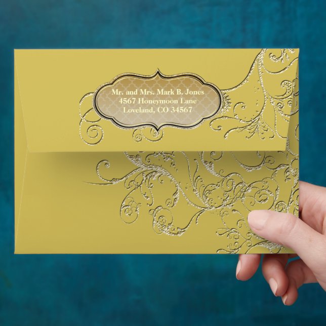 Vintage Yellow Gold Swirl Wedding Envelope (Hand)