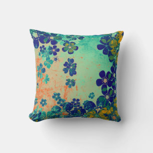 Vintage Yellow green blue floral pattern Throw Pillow