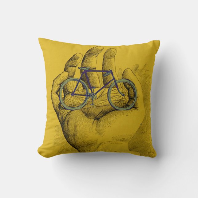 Vintage Yellow Hand Bicycle Humourous Bike Throw Pillow (Front)