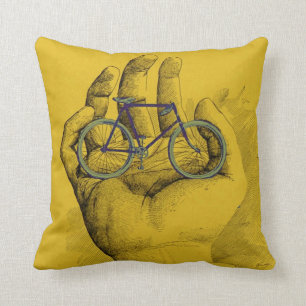 Vintage Yellow Hand Bicycle Humourous Bike Throw Pillow