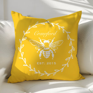 Vintage Yellow Honey Bee Laurel Honeycomb Monogram Throw Pillow