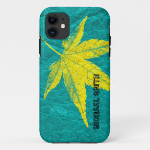 Vintage Yellow Leaf on Leather iPhone 11 Case