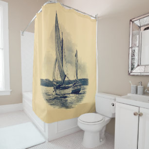 Vintage yellow navy blue sailboat old painting