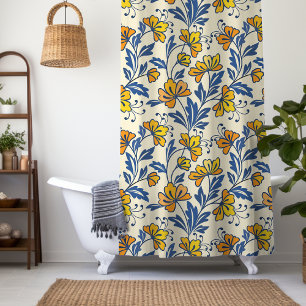 Vintage Yellow Orange Folk Floral Blue Leaf