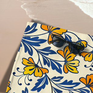 Vintage Yellow Orange Folk Floral Blue Leaf Beach Towel