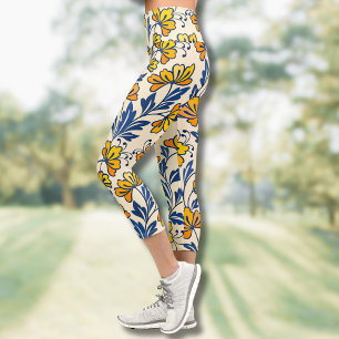 Vintage Yellow Orange Folk Floral Blue Leaf Capri Leggings
