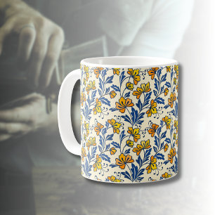 Vintage Yellow Orange Folk Floral Blue Leaf Coffee Mug