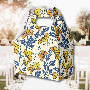Vintage Yellow Orange Folk Floral Blue Leaf Favor Box