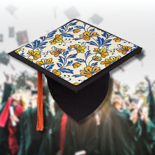 Vintage Yellow Orange Folk Floral Blue Leaf Graduation Cap Topper