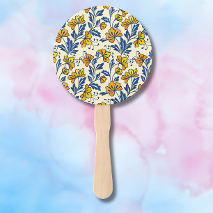 Vintage Yellow Orange Folk Floral Blue Leaf Hand Fan