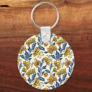Vintage Yellow Orange Folk Floral Blue Leaf Keychain
