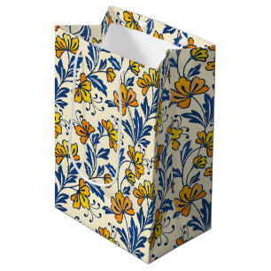 Vintage Yellow Orange Folk Floral Blue Leaf Medium Gift Bag