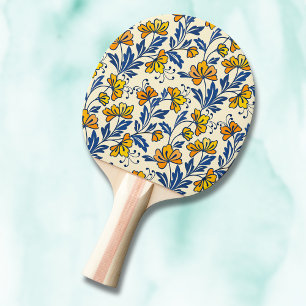 Vintage Yellow Orange Folk Floral Blue Leaf Ping Pong Paddle