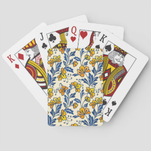 Vintage Yellow Orange Folk Floral Blue Leaf Playing Cards