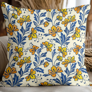Vintage Yellow Orange Folk Floral Blue Leaf Throw Pillow