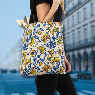 Vintage Yellow Orange Folk Floral Blue Leaf Tote Bag