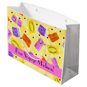 Vintage Yellow Passport Stamps Name Personalized Large Gift Bag