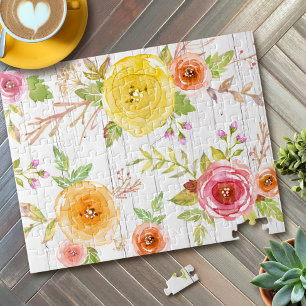 Vintage yellow pink watercolor floral rustic wood jigsaw puzzle