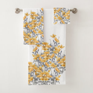 Vintage Yellow Poppy Flowers Bath Towel Set