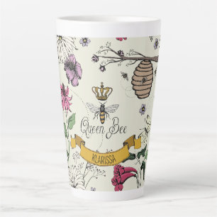 Vintage Yellow Queen Bee Royal Gold Crown & Scroll Latte Mug