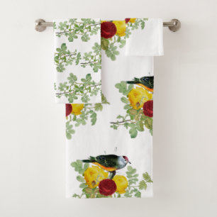 Vintage Yellow Red Roses with Songbird Bath Towel Set