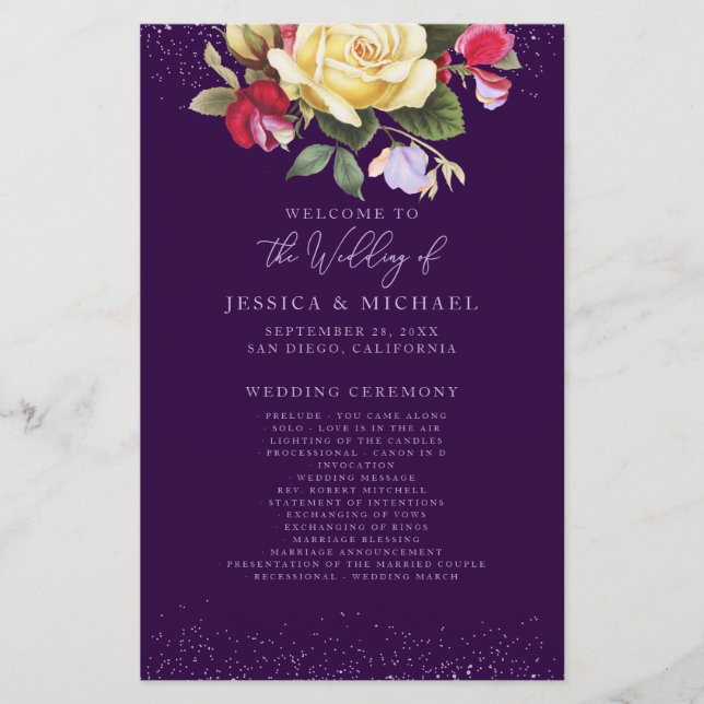 Vintage Yellow Rose Floral Purple Wedding Program (Front)