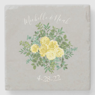Vintage Yellow Rose Floral Wedding Grey Stone Coaster
