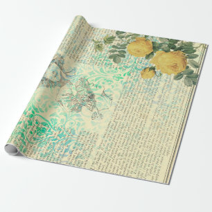Vintage Yellow Rose, Lady, and Newsprint Wrapping Paper