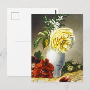 Vintage Yellow Rose Red Pansy Floral Vase Art Postcard