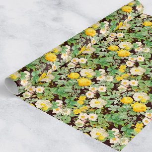Vintage Yellow Rose Wrapping Paper on Deep Burgund