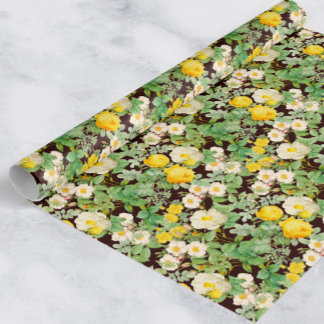 Vintage Yellow Rose Wrapping Paper on Deep Burgund