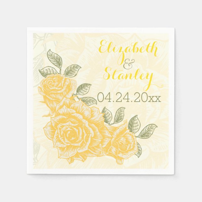 Vintage yellow roses floral wedding napkin (Front)