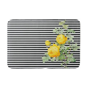 Vintage Yellow Roses on Black and White Stripes Bath Mat