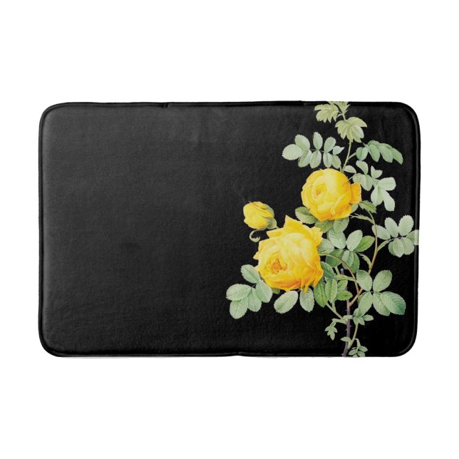 Vintage Yellow Roses on Black Bath Mat (Front)
