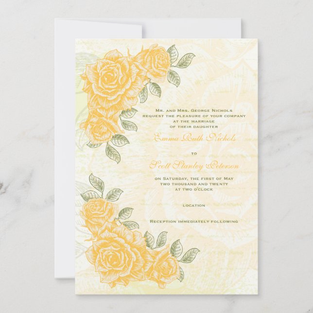 Vintage yellow roses wedding invitation (Front)