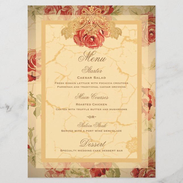 Vintage yellow rustic red rose custom wedding menu (Front)