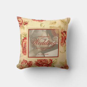 Vintage yellow rustic red rose custom wedding phot throw pillow