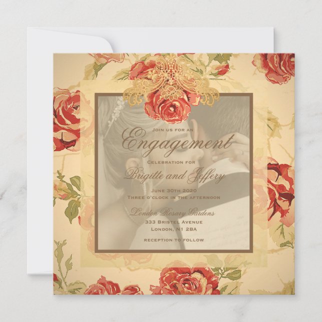 Vintage yellow rustic red rose wedding photo invitation (Front)