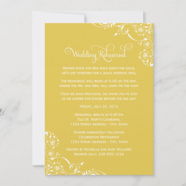 Vintage Yellow Scroll Wedding Rehearsal and Dinner Invitation (Front)