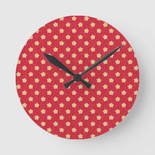 Vintage Yellow Stars on Red Pattern Round Clock