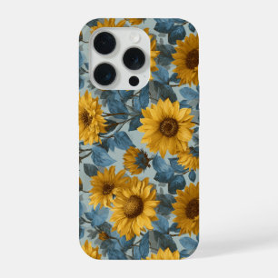 Vintage Yellow Sunflower Blue Floral Pattern iPhone 15 Pro Case