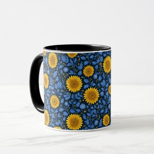 Vintage Yellow Sunflower Blue Floral Pattern Mug (Front Left)