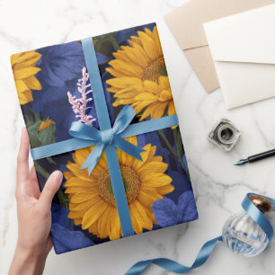 Vintage Yellow Sunflower Blue Floral Pattern Wrapping Paper