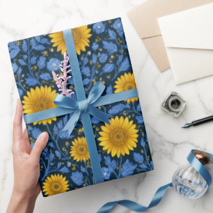 Vintage Yellow Sunflower Blue Floral Pattern Wrapping Paper