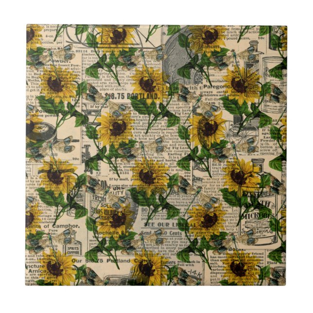 Vintage Yellow Sunflower Newspaper Dragonfly Tile (Front)