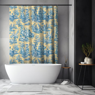 Vintage Yellow Teal Toile de Jouy French
