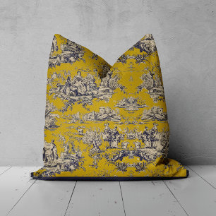 Vintage Yellow Toile de Jouy Floral Lake Throw Pillow