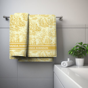 Vintage Yellow Toile de Jouy French Decor Bath Towel Set