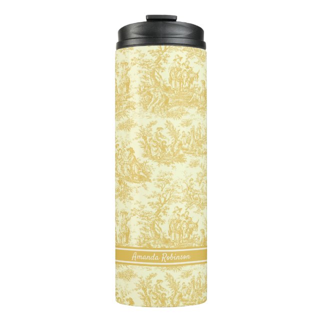 Vintage yellow toile de jouy printed thermal tumbler (Front)